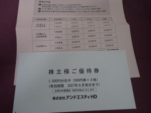 【株主優待】アンドエスティＨＤ(2685)の優待到着！1,500円分の株主優待券！
