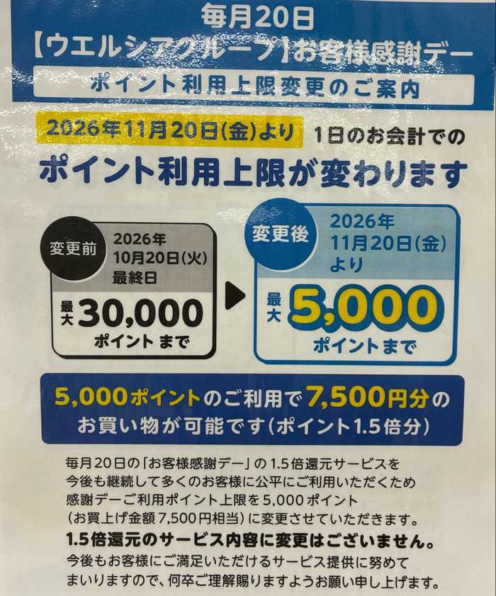【ウエル活が改悪】2026年11月からは利用上限30,000Pから5,000Pに！